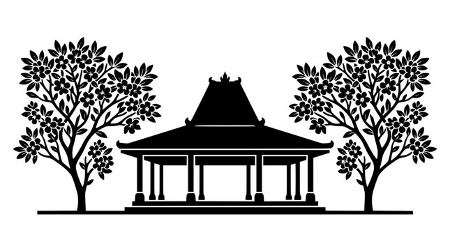 Black silhouette of traditional Javanese Joglo house and flowering frangipani trees