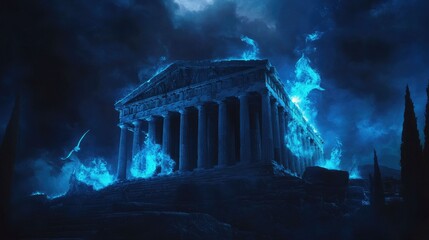 Naklejka premium Ancient temple engulfed in ethereal blue flames