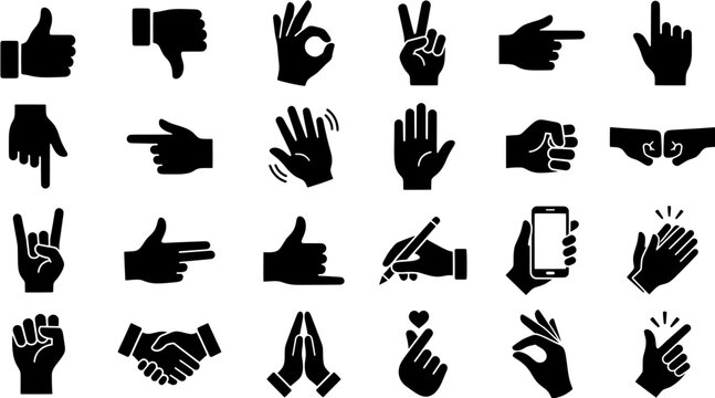 Set of hand gesture icons showing various signs and actions. Black silhouettes of human hands communicating signals, expressing emotions and interactions.