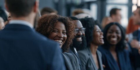 Obraz premium A cheerful group connects during a corporate event, highlighting business networking, personal chemistry, and positive meeting experiences.