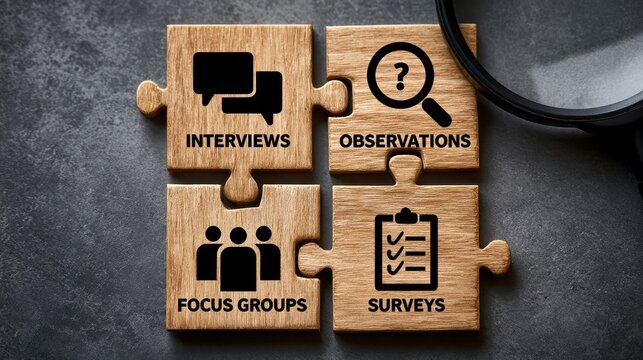 Market research methods and qualitative data collection concept on wooden puzzle pieces