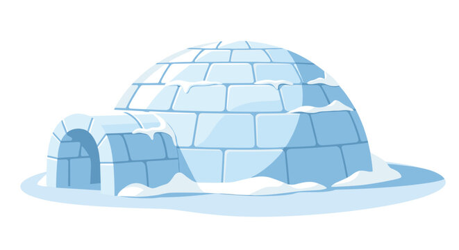 Traditional ice block igloo shelter sitting on a snowy ground against a clean white background with blue shadows.