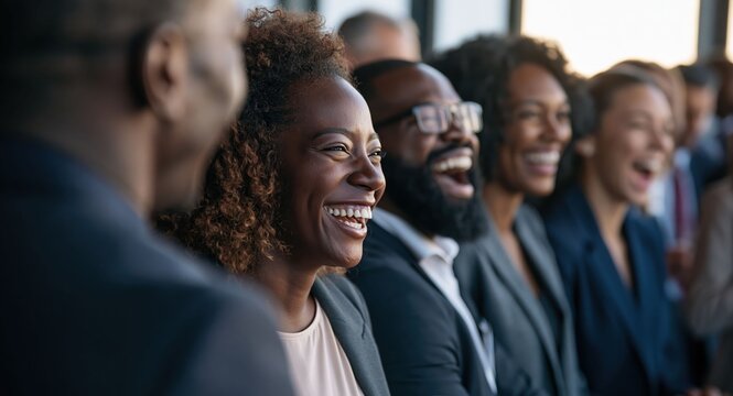 A cheerful group connects during a corporate event, highlighting business networking, personal chemistry, and positive meeting experiences.