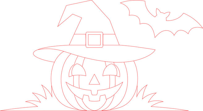 Classic jackolantern wearing a witch hat with a flying bat and grass elements