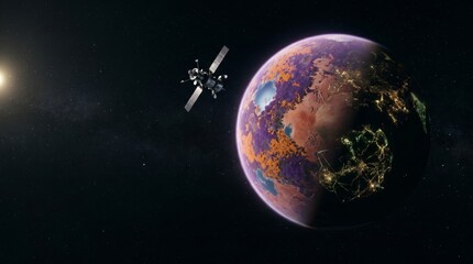 Fototapeta premium Exploring the Universe Through Satellite Technology and Space Colonization, Futuristic planet with a satellite orbiting in a starry galaxy.