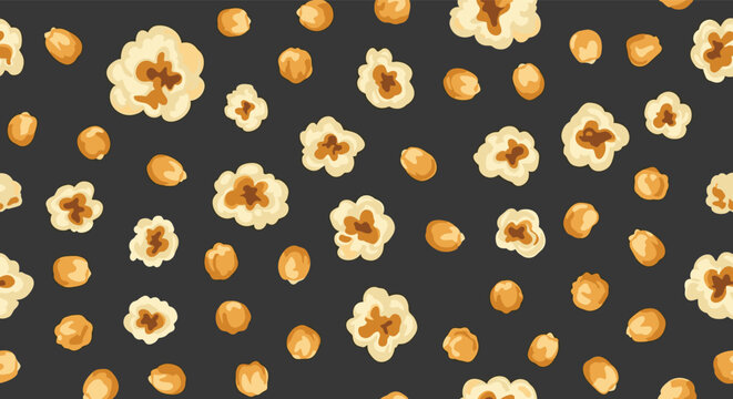 Seamless pattern featuring delicious popped popcorn and golden unpopped kernels on a dark grey background for snacks and cinema.