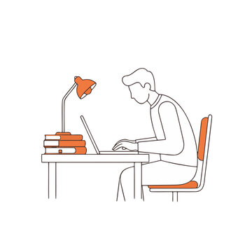 Student studying at desk with laptop flat vector illustration