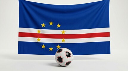 Fototapeta premium Cape Verde’s blue flag with stars rises behind a soccer ball, symbolizing national pride, unity, and passion for football — heritage and culture expressed through sport…