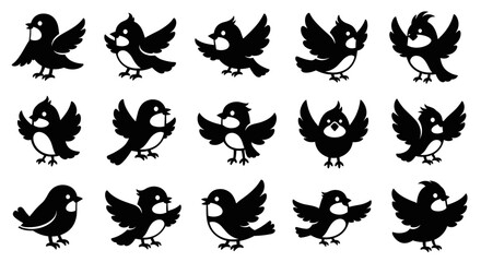 Fototapeta premium Various black and white bird silhouettes flying and standing on a plain background