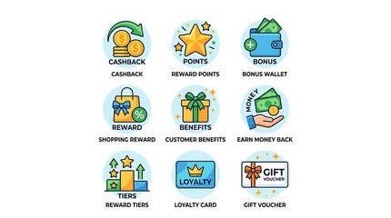 Fototapeta premium Rewards and benefits icons illustrate loyalty programs with cashback, bonuses, and gift vouchers on a rewards terms page.