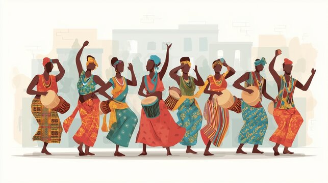 Juneteenth celebration with African American dancers in vibrant traditional attire, drums and joyful music