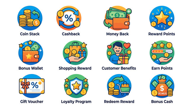 Rewards icons showcase loyalty program benefits with cashback and bonus points