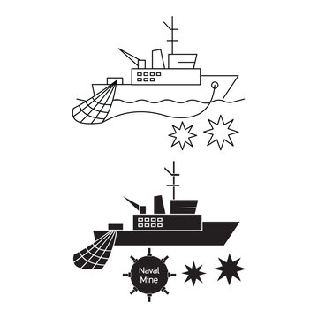 Minesweeper ship and naval mine icon vector set.Editable stroke, Vector illustration, Line art Icon, Symbols.