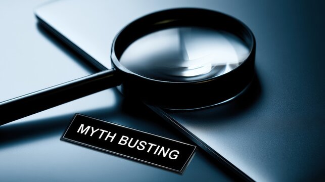 Magnifying glass with MYTH BUSTING label on laptop, concept of fact checking and investigating misinformation