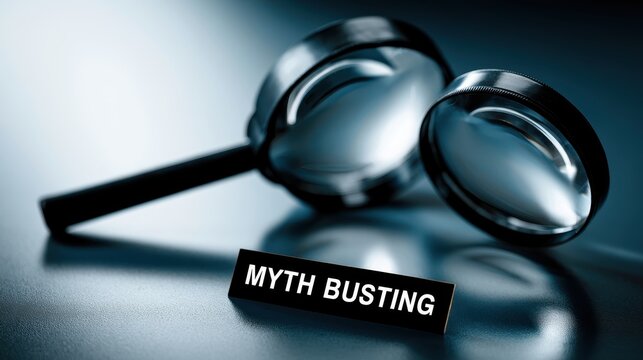 Myth busting concept with magnifying glasses on dark reflective background