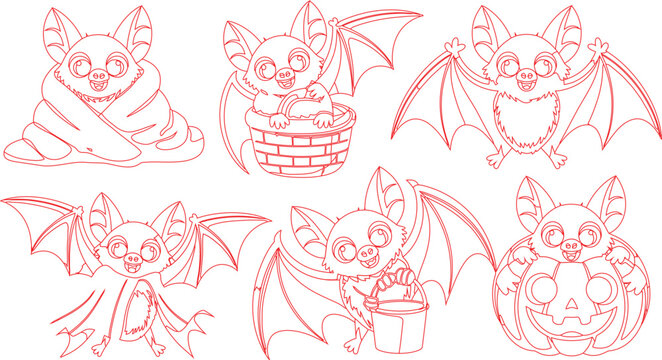 Collection of adorable red outline cartoon bats in various Halloween costumes and poses