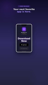 Mobile App Download Promo Animation with Phone Mockup, Star Rating and App Store Buttons on Purple Background