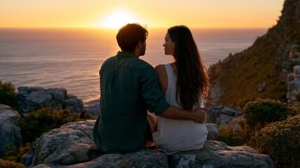 Fototapeta premium Romantic Couple Watching Sunset Over Ocean from Rocky Outcrop