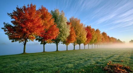 Obraz premium Vibrant autumn trees line a misty field under a sky of wispy clouds