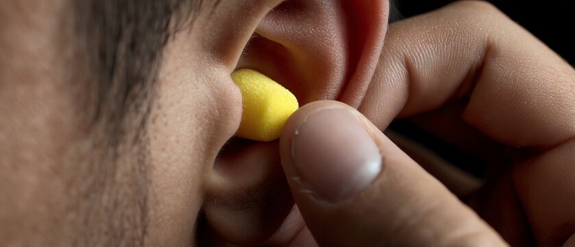 A person inserts earplugs for noise reduction.