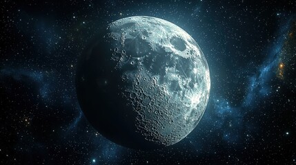 Fototapeta premium Realistic depiction of the Moon, with its craters, set against a star-filled, nebula-lit cosmos