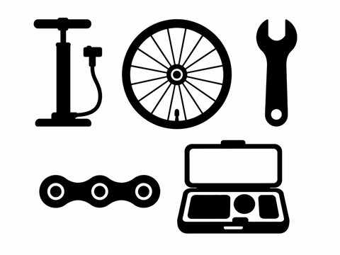 Bicycle repair tools: pump, wheel, wrench, chain, tool kit icons