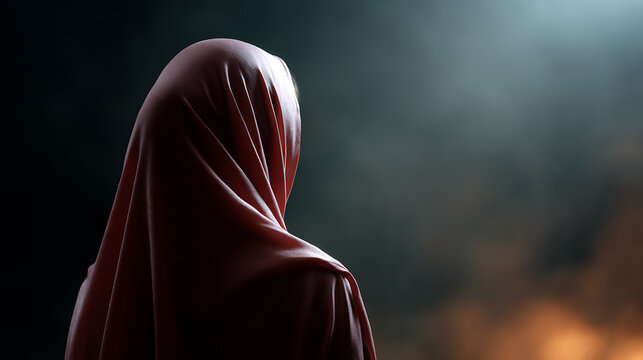 A person in a red robe and hood looking away from the camera, shrouded in mystery and a subtle smoke effect