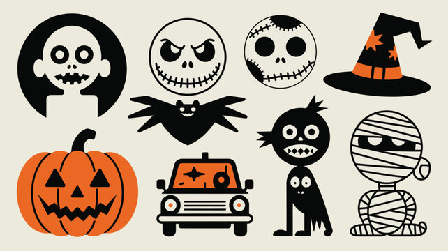 Collection of black and orange Halloween themed simple graphic characters and symbols