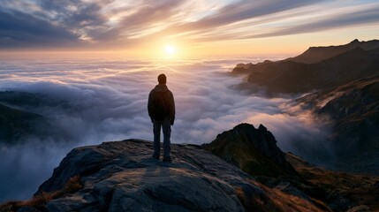 Fototapeta premium Man Standing on Mountain Peak During Sunrise Above Cloud Sea