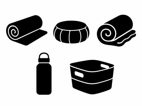 Icons of yoga mat foam roller water bottle playpen storage basket