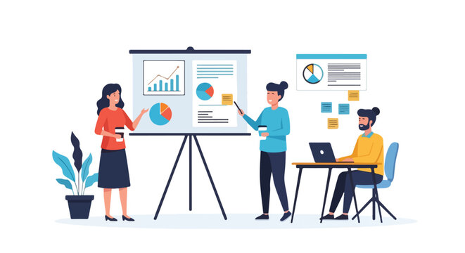 Three office workers are collaborating on a presentation featuring various data charts, graphs, and sticky notes in a modern workspace.