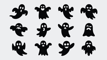 Obraz premium Collection of black cartoon ghost icons displaying various spooky expressions and emotions