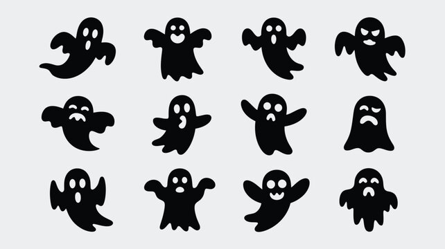 Collection of black cartoon ghost icons displaying various spooky expressions and emotions