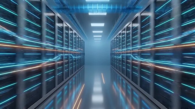 Cloud security technology powering futuristic data center server racks with glowing network lines in sleek corridor showing digital protection and fast data transfer connections
