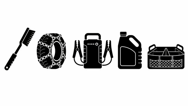 Winter car essentials: snow brush, tire chains, jump starter, antifreeze, storage basket icons