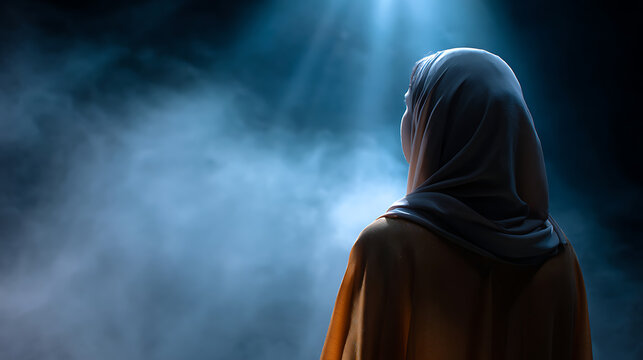 A woman wearing a hijab gazes upwards, bathed in ethereal light amidst swirling mist, evoking a sense of contemplation and spirituality