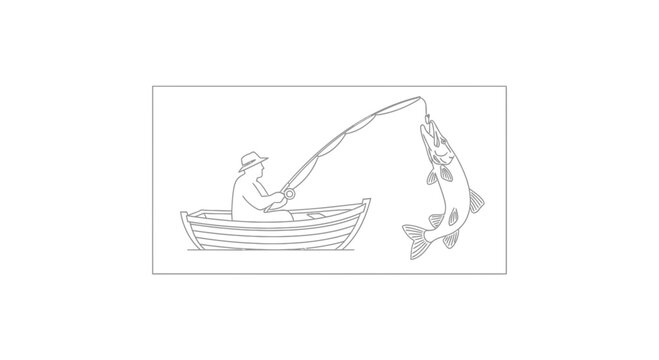 Fisherman in boat catches large fish on fishing rod, line, hook, water, outdoors