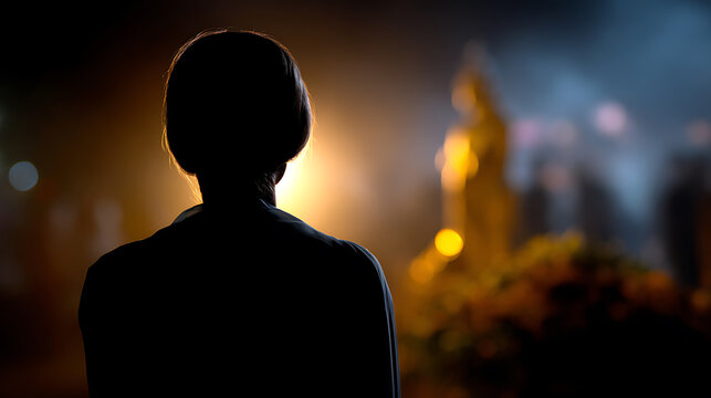 A solitary figure stands silhouetted against a warm glow, looking towards a solemn shrine adorned with flowers and light. The scene evokes a sense of contemplation and reverence.