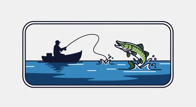 Fisherman in boat catches jumping pike fish, action fishing illustration