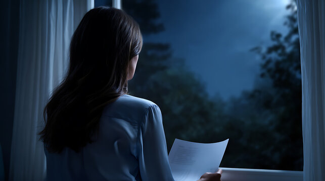 A woman stands by a window at night, holding a letter and looking out at the moonlit landscape. The scene evokes a sense of quiet contemplation and longing