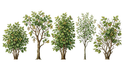Obraz premium Sequence of five leafy deciduous trees illustrating different growth stages and varying foliage density
