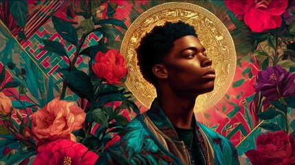 Juneteenth portrait of a young Black man with golden halo amid vibrant red and green florals