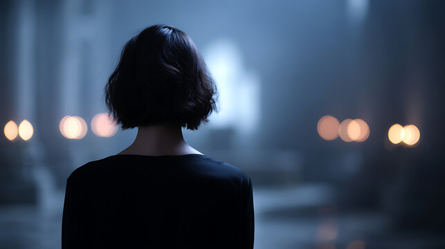 A woman seen from behind, facing a dimly lit, misty urban landscape. The mood is melancholic and introspective