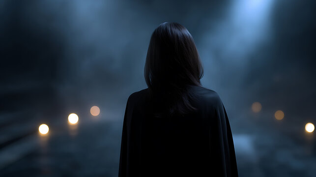A woman stands in the dark, illuminated by a few lights. Her back is to the viewer, suggesting mystery and anticipation