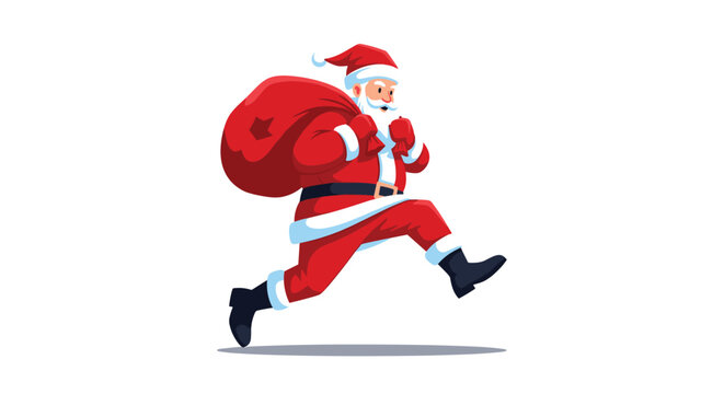 Cartoon Santa Claus in his traditional red suit and hat running fast with a large heavy red sack full of gifts on his shoulder.