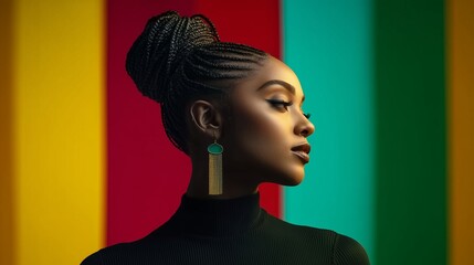 Elegant Black woman in profile honoring Juneteenth with vibrant red, yellow, green and teal backdrop