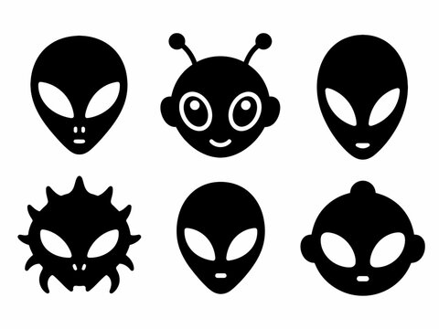 Set of alien head icons in various styles on white background