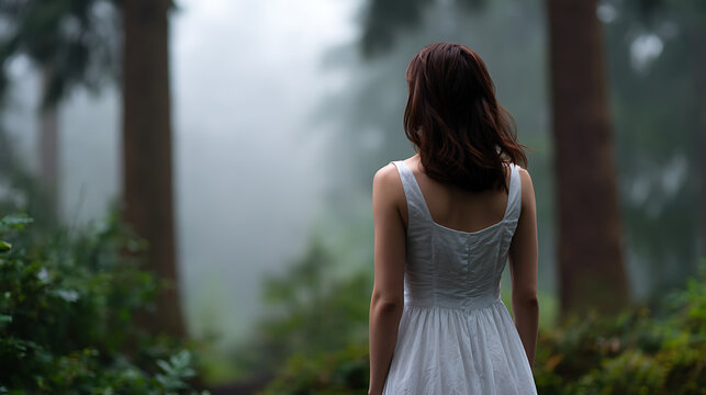 A woman in a white dress walks through a misty forest, her back to the camera. The trees are tall and dark, and the atmosphere is mysterious and enchanting