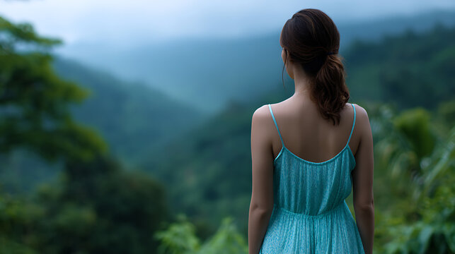 A young woman in a light blue dress stands facing away from the camera, looking out at a misty, forested mountain range