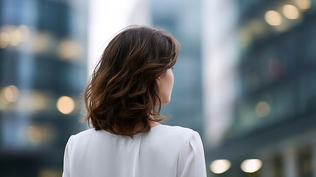 A woman with short brown hair, viewed from behind, looking out towards a modern cityscape. She is wearing a white blouse, and the background features out-of-focus buildings with blurred lights